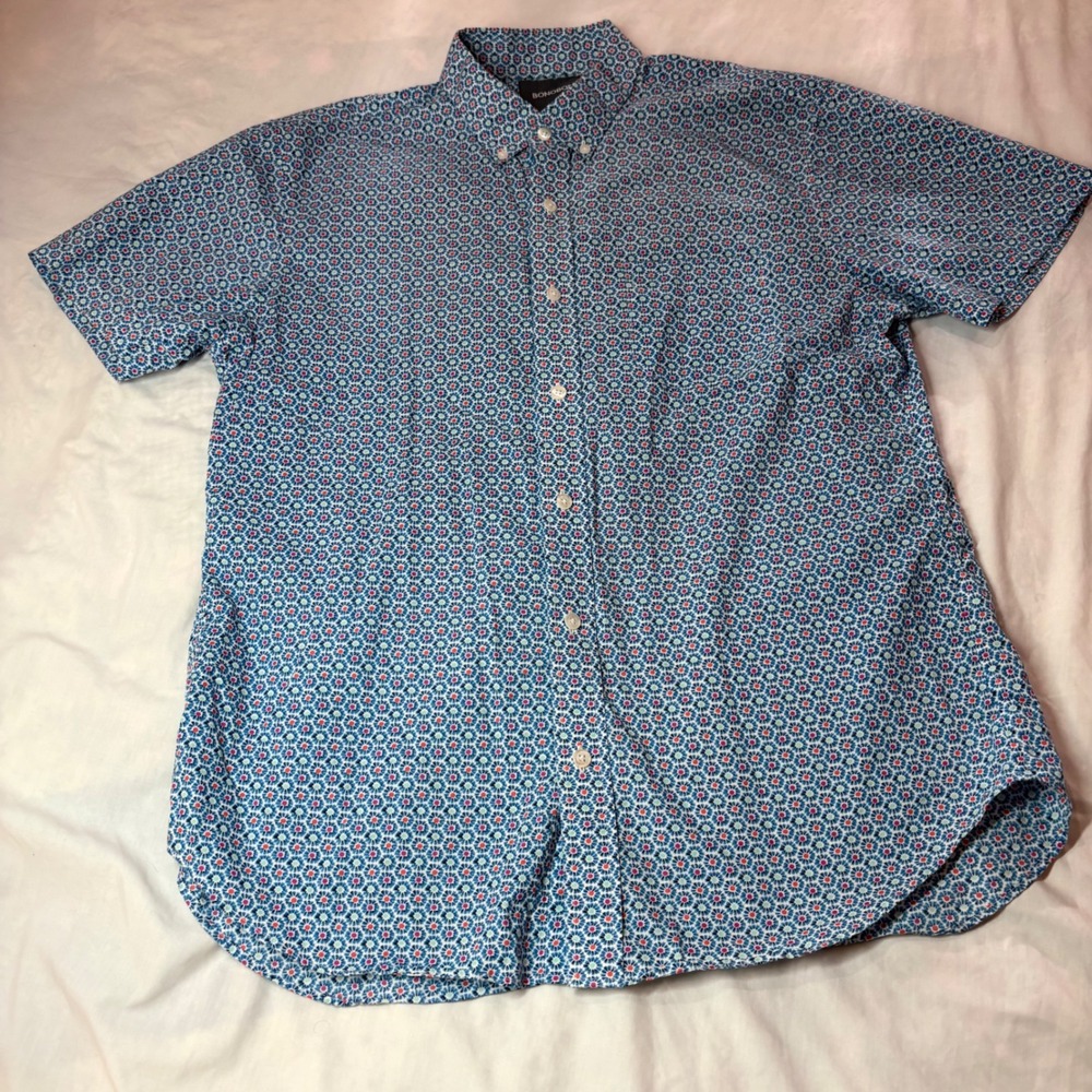 Bonobos Mens Slim Fit Short Sleeve Button Down Shirt Blue Geometric Floral L - Picture 2 of 7